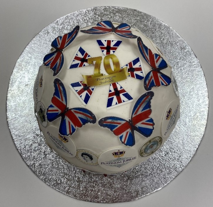 Jubilee-themed cake viewed from atop.