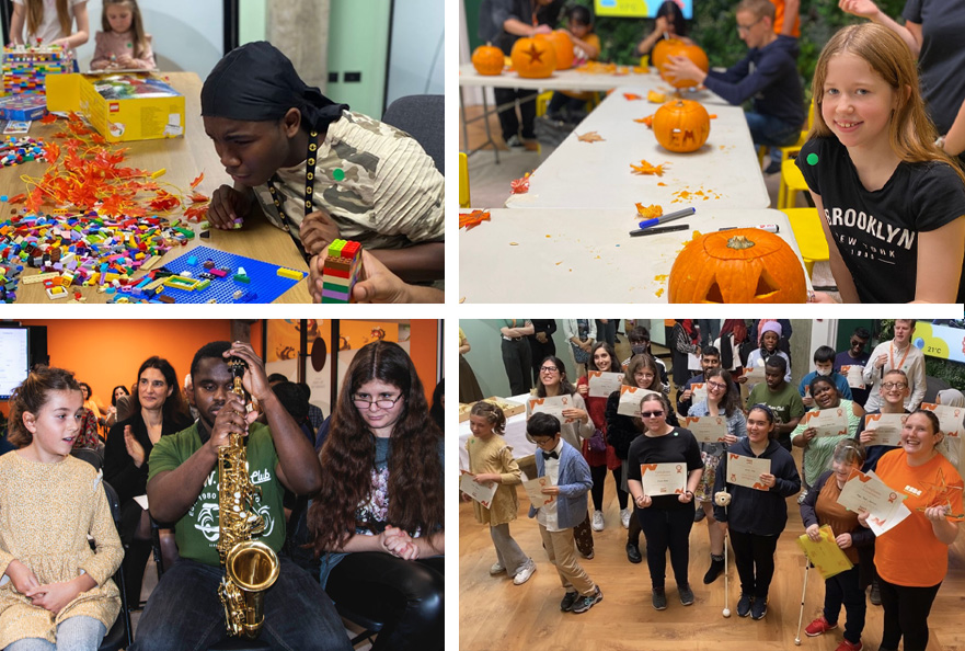 A young man with partial sight, looking closely at a pile of lego. A young lady with a carved pumpkin, sat at the end of of table, with other young people in the background carving pumpkins. A group of young people sat at the front seat of a concert, with young man holding his saxophone. A group of young people in a hall, holding up their certificates and smiling.