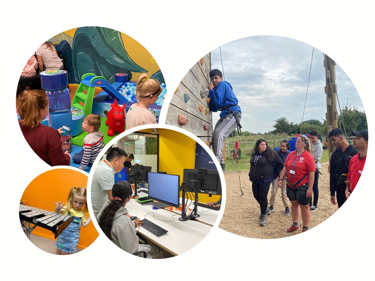 4 photos in overlapping bubble shapes, showing young people doing different activities like climbing, playing the xylophone, typing on a computer, and playing in a colourful room full of toys.