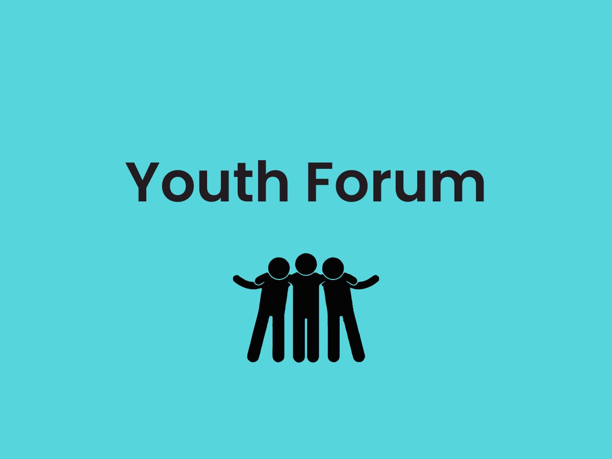 A blue graphic with an icon representing young people together. The text reads: 