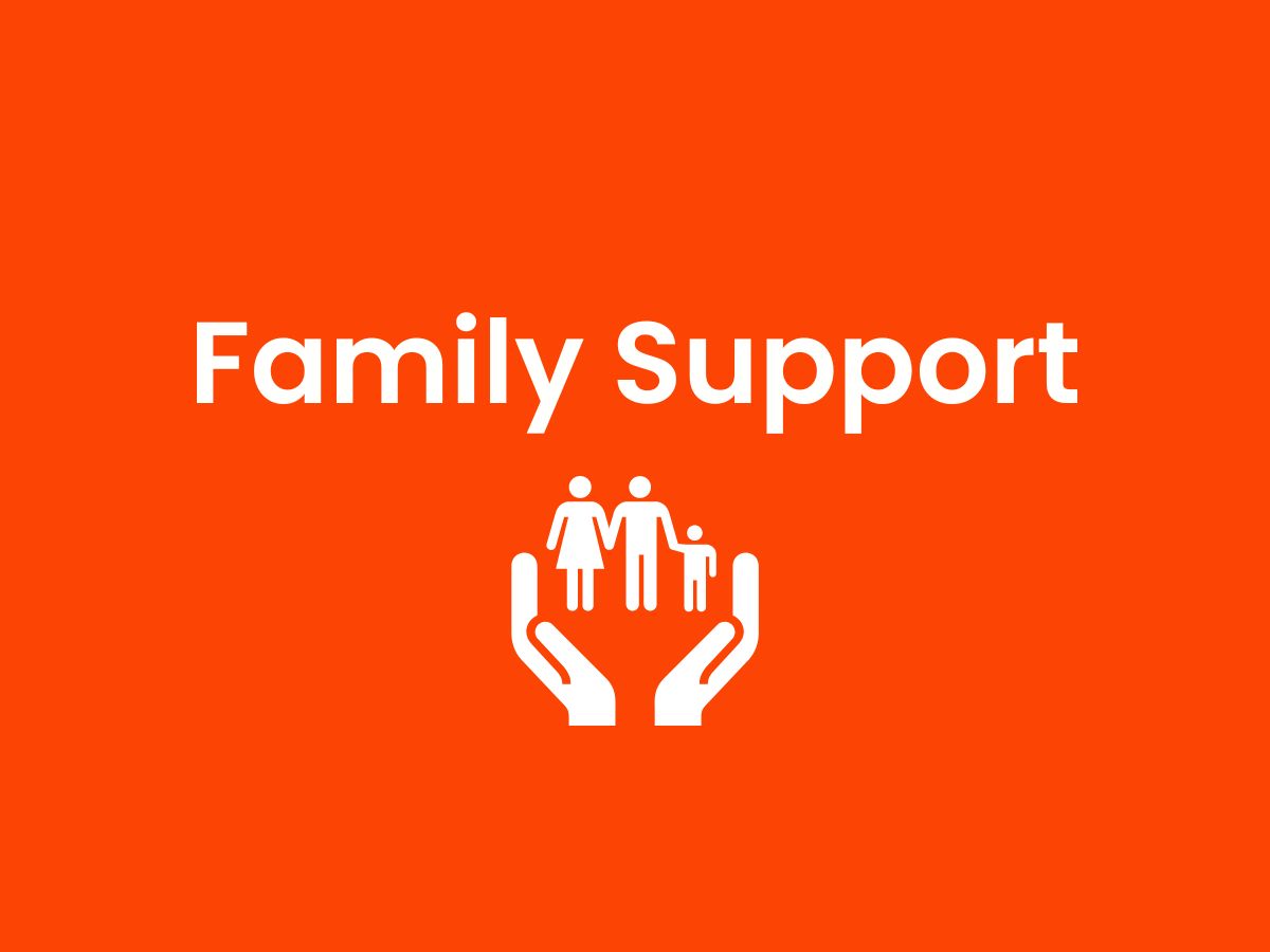 A graphic with an orange background and a white icon of hands on either side of graphics representing a female adult, male adult and child being supported. White text above it reads: 