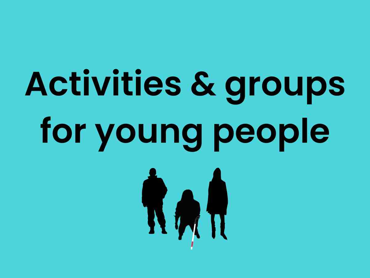 A black graphic representing thee young people, one with a white cane, sits on a light blue background. There is black text above the graphic that reads: 