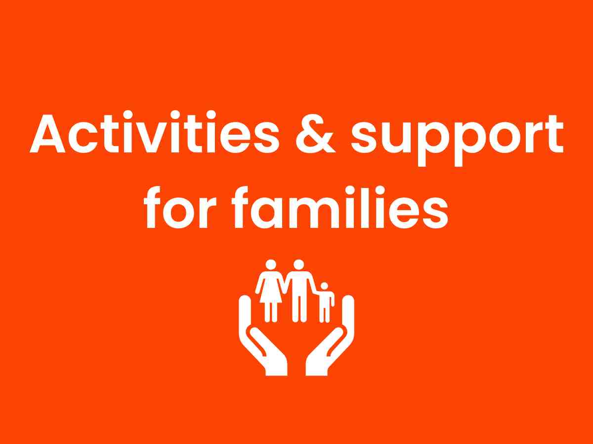 An orange background with a white graphic of two hands encircling icons representing a woman, a man and a small child. The white text above the graphic reads: 