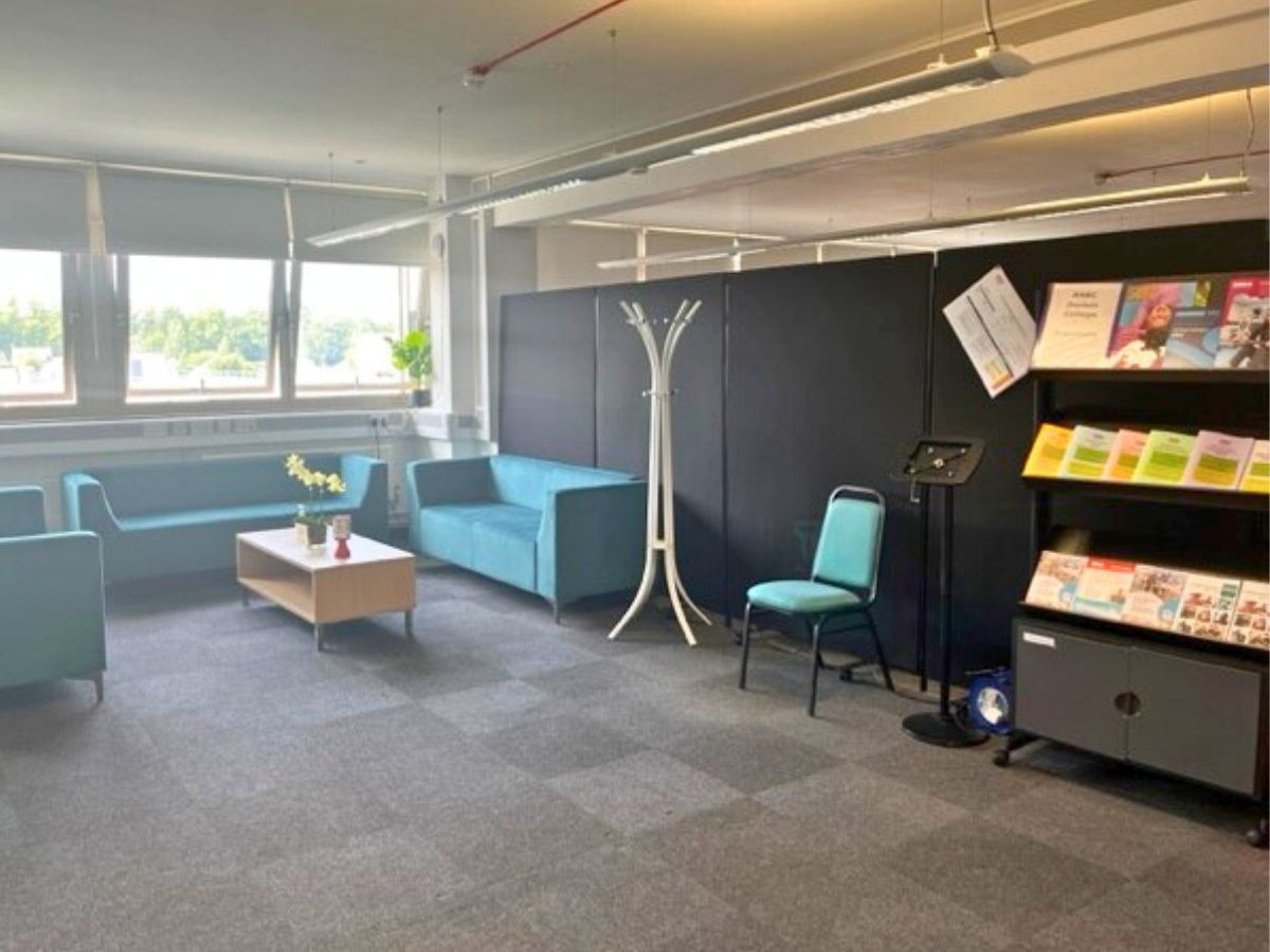 A room with 2 sofas and book shelves