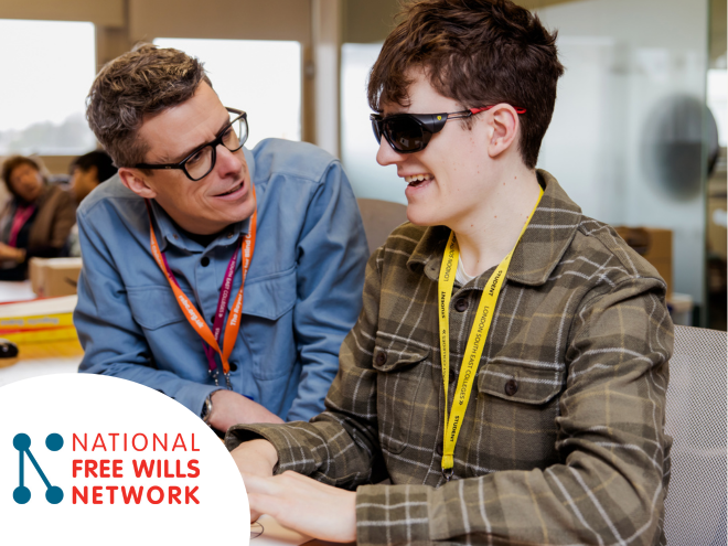 A man with an RSBC lanyard speaking with a young person in dark glasses, with the text 