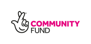 National Lottery logo of a personified hand with 2 fingers crossed. The title of the logo is 'Community Fund'