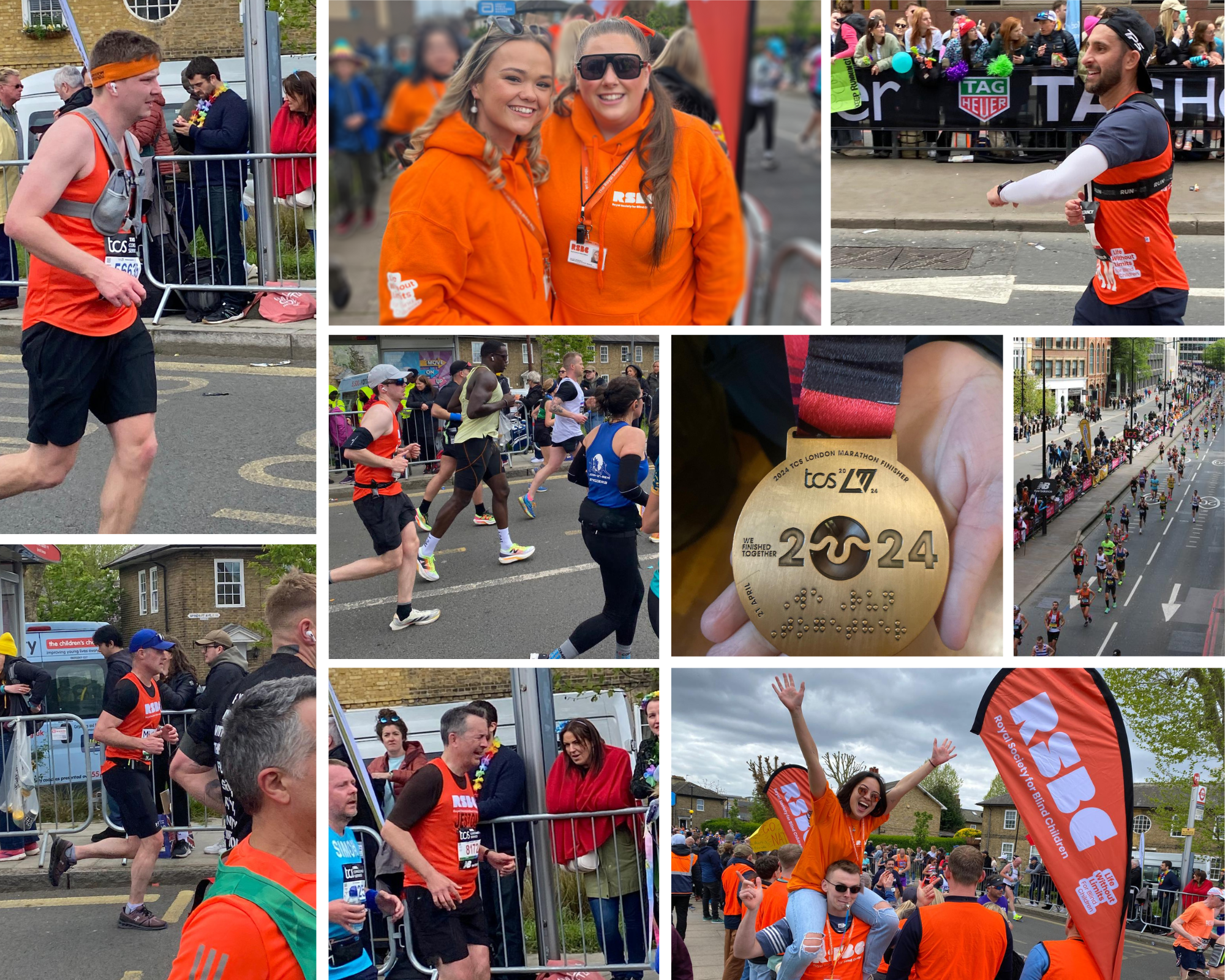 alt="A photo album of 9 images from the London Marathon. Runners on the street of London, 2 female volunteers posing for the camera, a close up of a marathon medal and a female volunteer sitting on the shoulders of a male volunteer with her arms raised high waving to the camera."