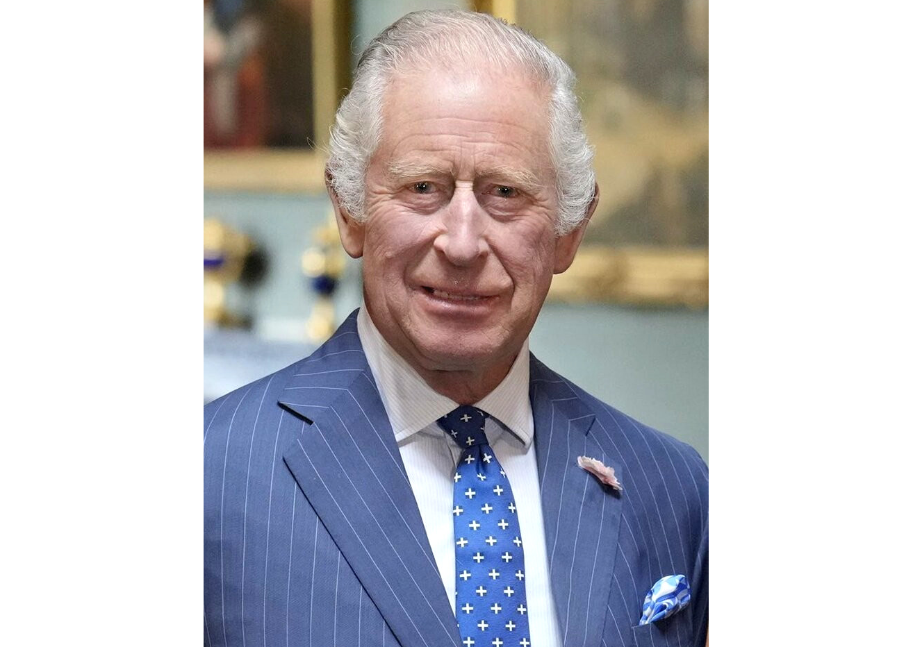 A portrait photo of King Charles III, wearing a blue pinstriped blazer and blue tie with cream repeat crosses on a white shirt.