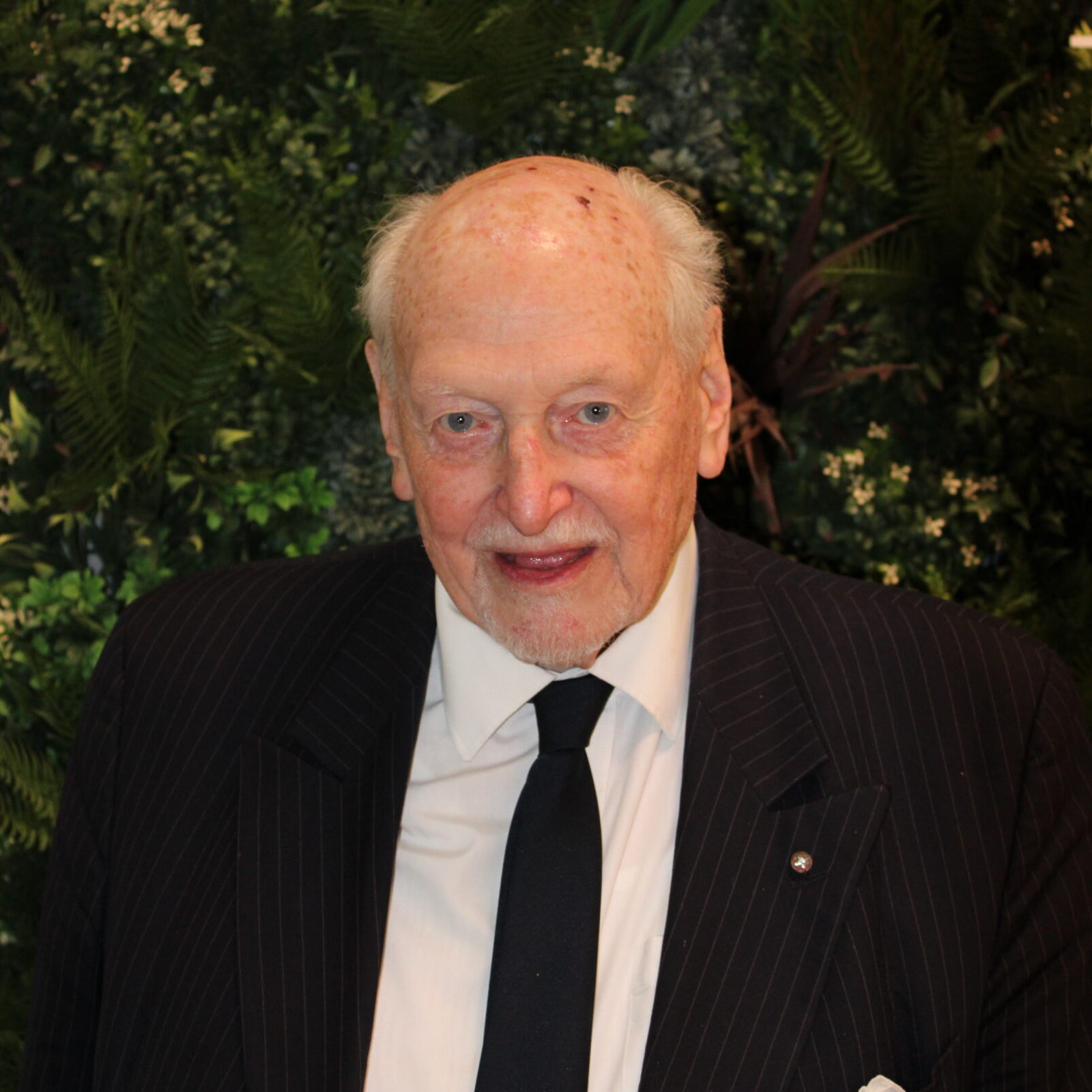 David, a light skinned, older man with receding grey hair smiles broadly at the camera. He stands in front of a wall of green foliage and is wearing a dark suit, white shirt and dark tie.