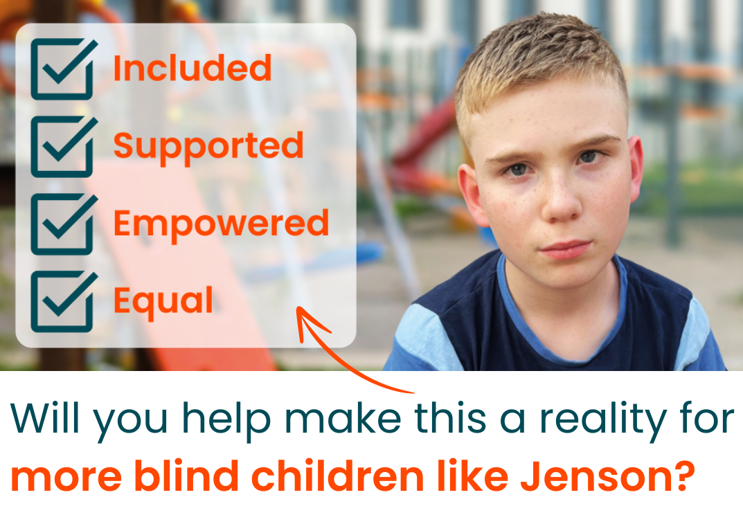 A photograph of a young boy sat in a children's play park. Over the image is a graphic checklist that reads Included, Supported, Empowered, Equal. Text beneath the image reads 'Will you help make this a reality for more blind children like Jenson?'