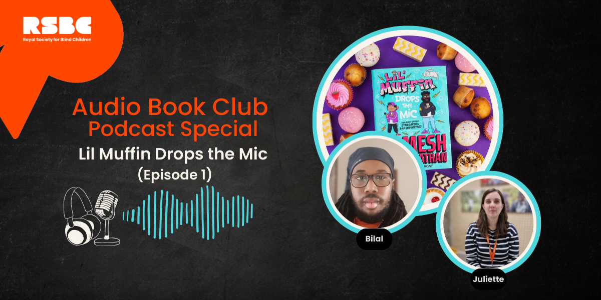 Three inset images in circles over a black background. 1) A colourful book cover 2) A young adult male 3) A young adult female. The text on the banner reads "Audio book club special - Lil muffin drops the mic, (episode 1)