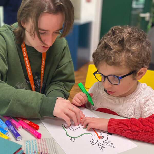 Fran, a light skinned RSBC team member in a green top, helps a light skinned young boy in glasses to colour in a picture of a deer.