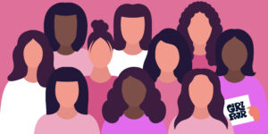 A graphic illustration of a group of young women, huddled together. The illustrations are flat and bold. The faces left blank without any features. In the group there are silhouettes representing girls of different sizes, heights, races and hair styles.