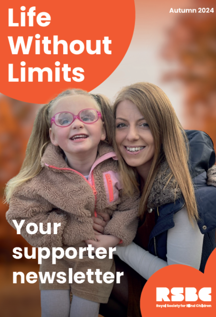 The front cover of the RSBC Autumn Newsletter. Featured on the front is An adorable little girl and her mum in a cuddle. Both are smiling at the camera. Behind them is a blurred background with autumn trees. In the top left corner text reads 