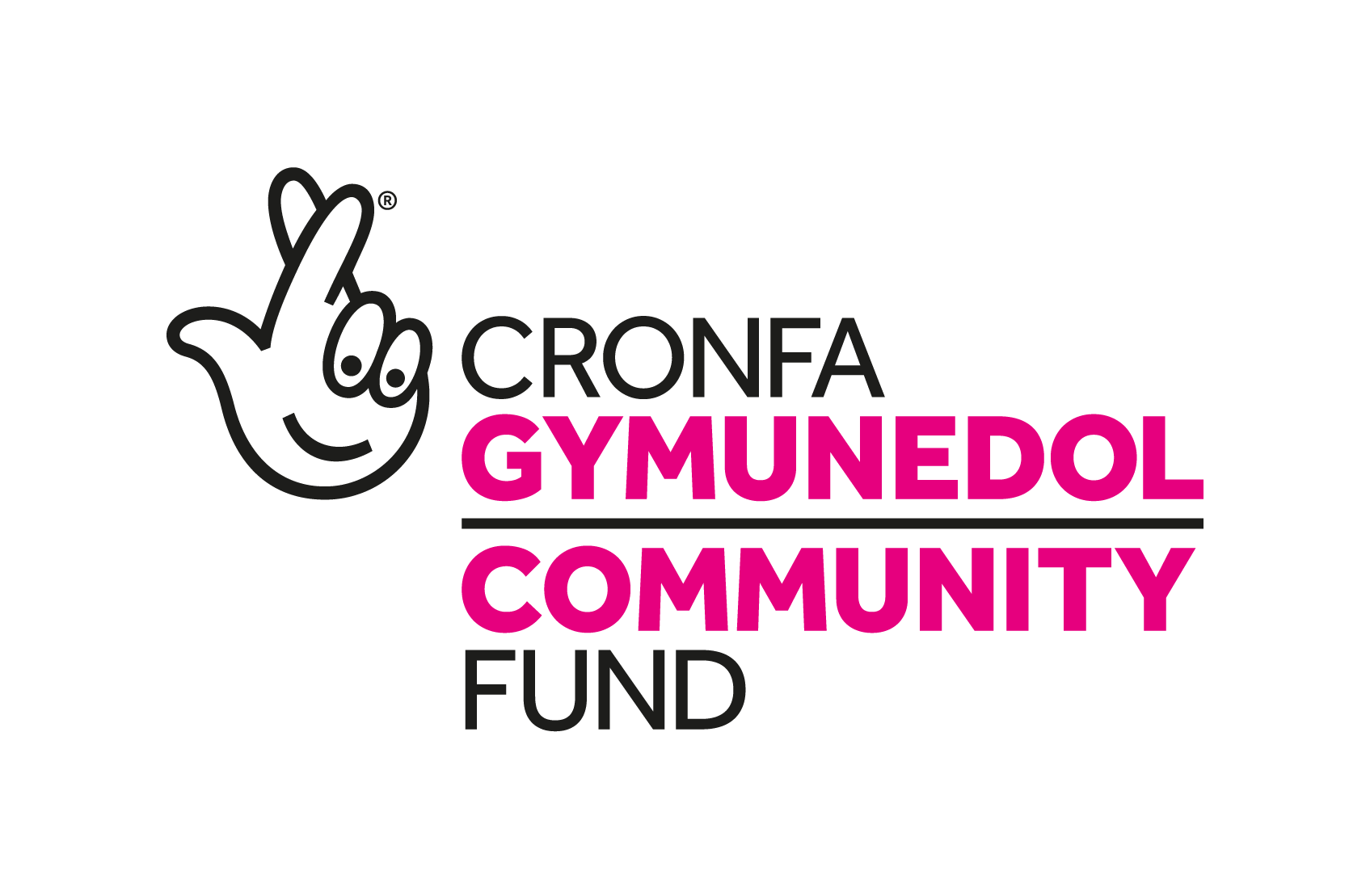 Logo graphic for the Welsh National Lottery fund. The logo includes an illustration of a hand with crossed fingers and a smiley face. The text reads 'CRONFA GYMUNEDOL - COMMUNITY FUND'.